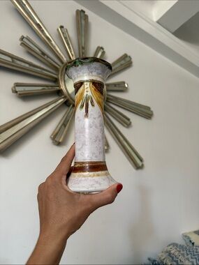 Hand-Painted Ceramic Bud Vase in White, Gold & Green Hand Made in Cyprus